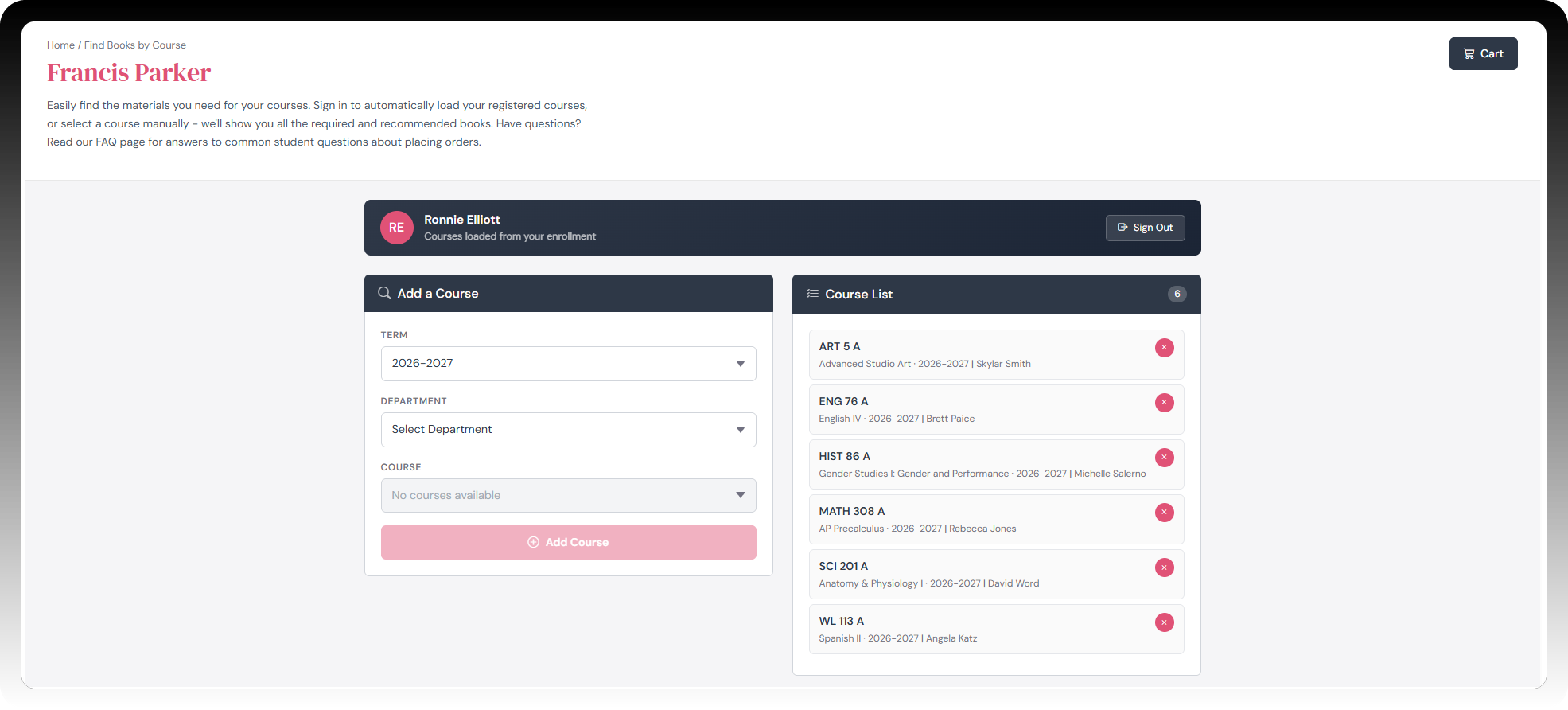 Virtual Store dashboard with enrolled courses loaded automatically