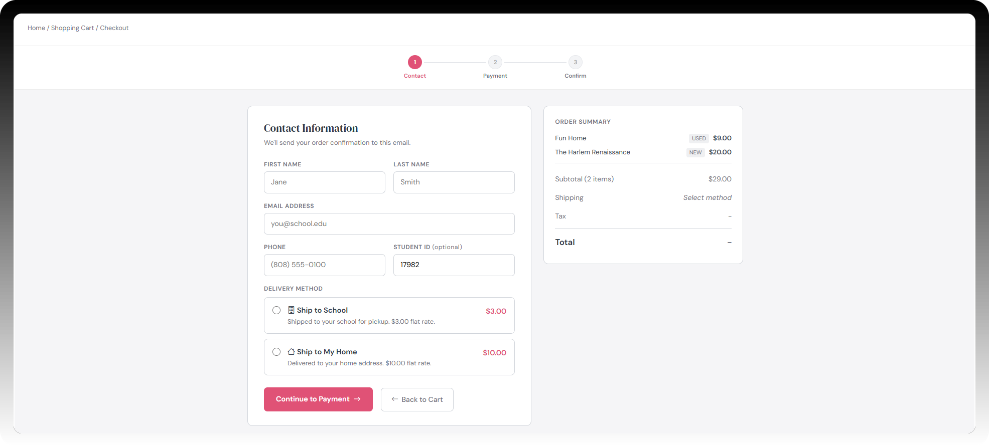 Checkout contact information step with shipping method options