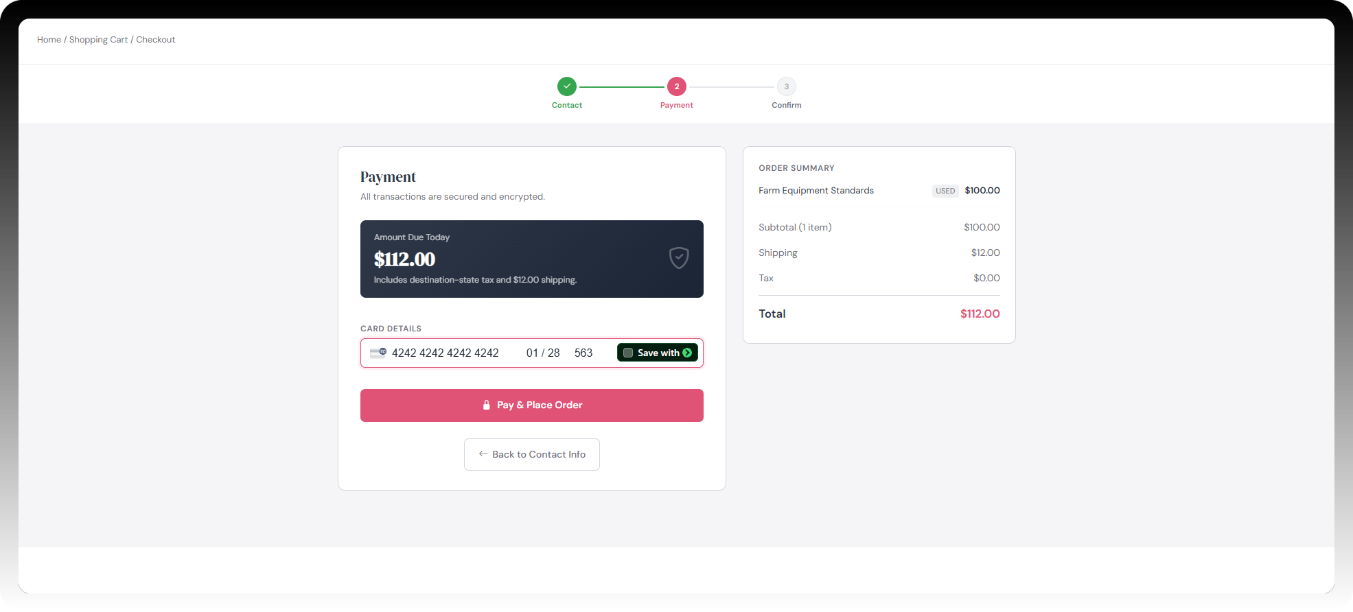 Checkout payment step with order total and secure card entry